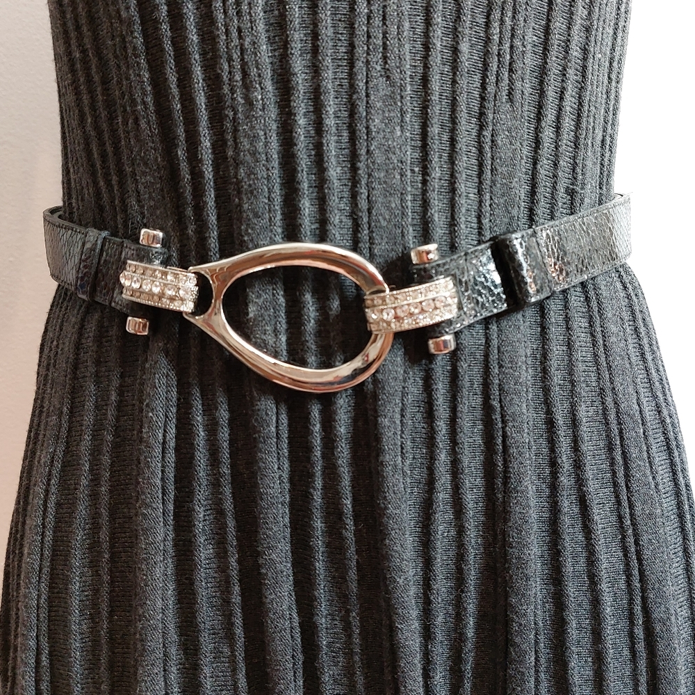 Silver & Black Snakeskin Belt adjustable Rhinestone Embellished One Size OSFA - Picture 2 of 8
